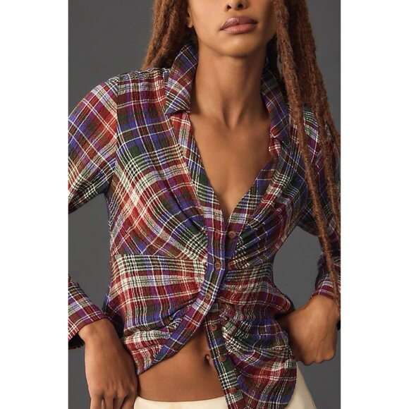 Anthropologie Pilcro Plaid Ruched Deep V Collared Button Down Long Sleeve Shirt - Picture 1 of 2